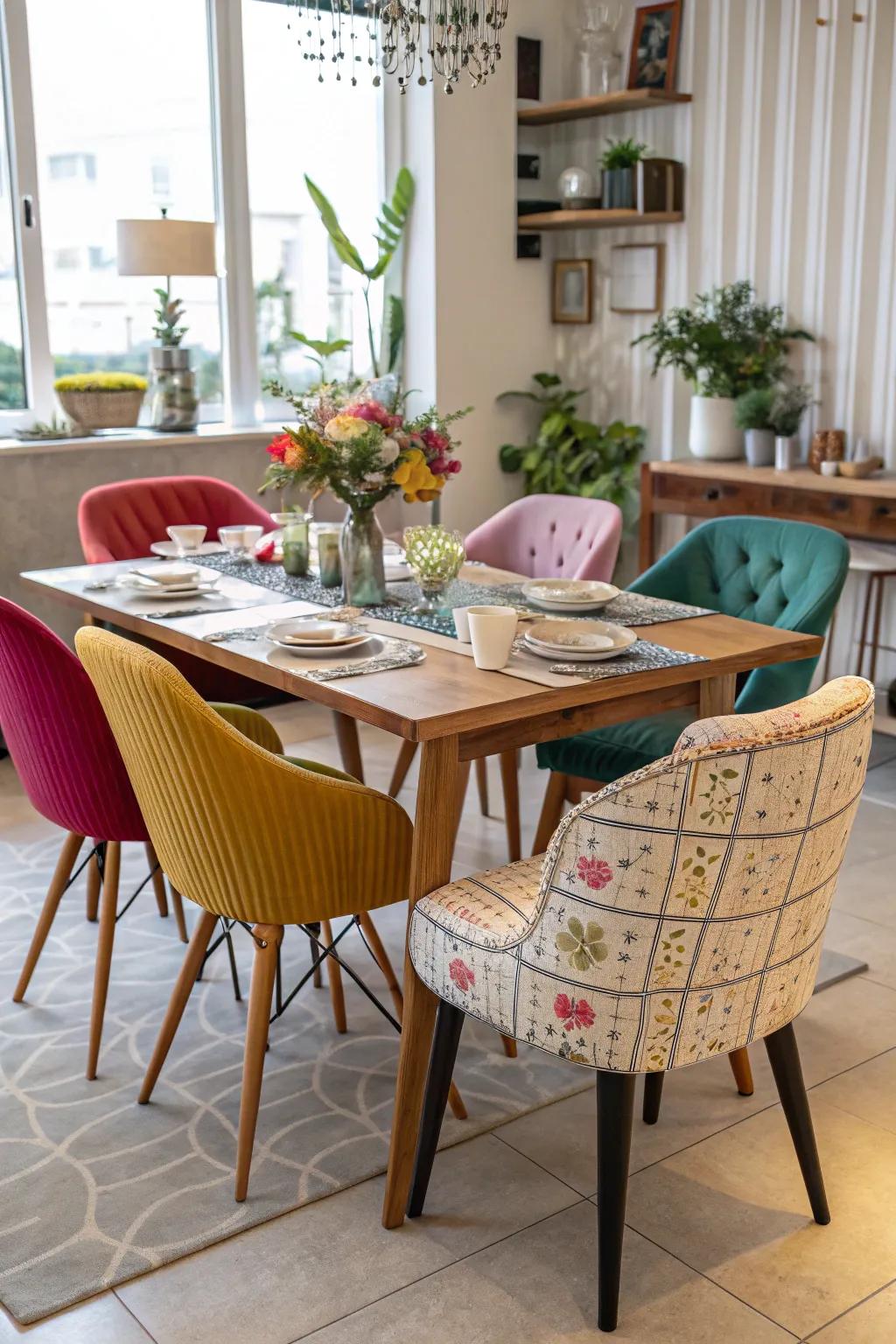 An diverse dining setup with mixed seating arrangements.