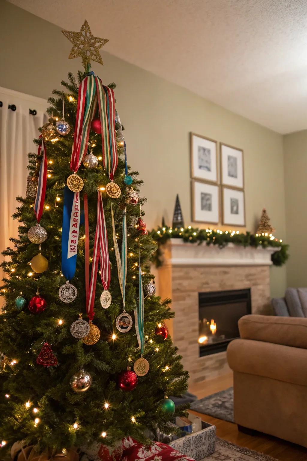 A festive Christmas tree beautifully adorned with race medals, creating a unique holiday display.