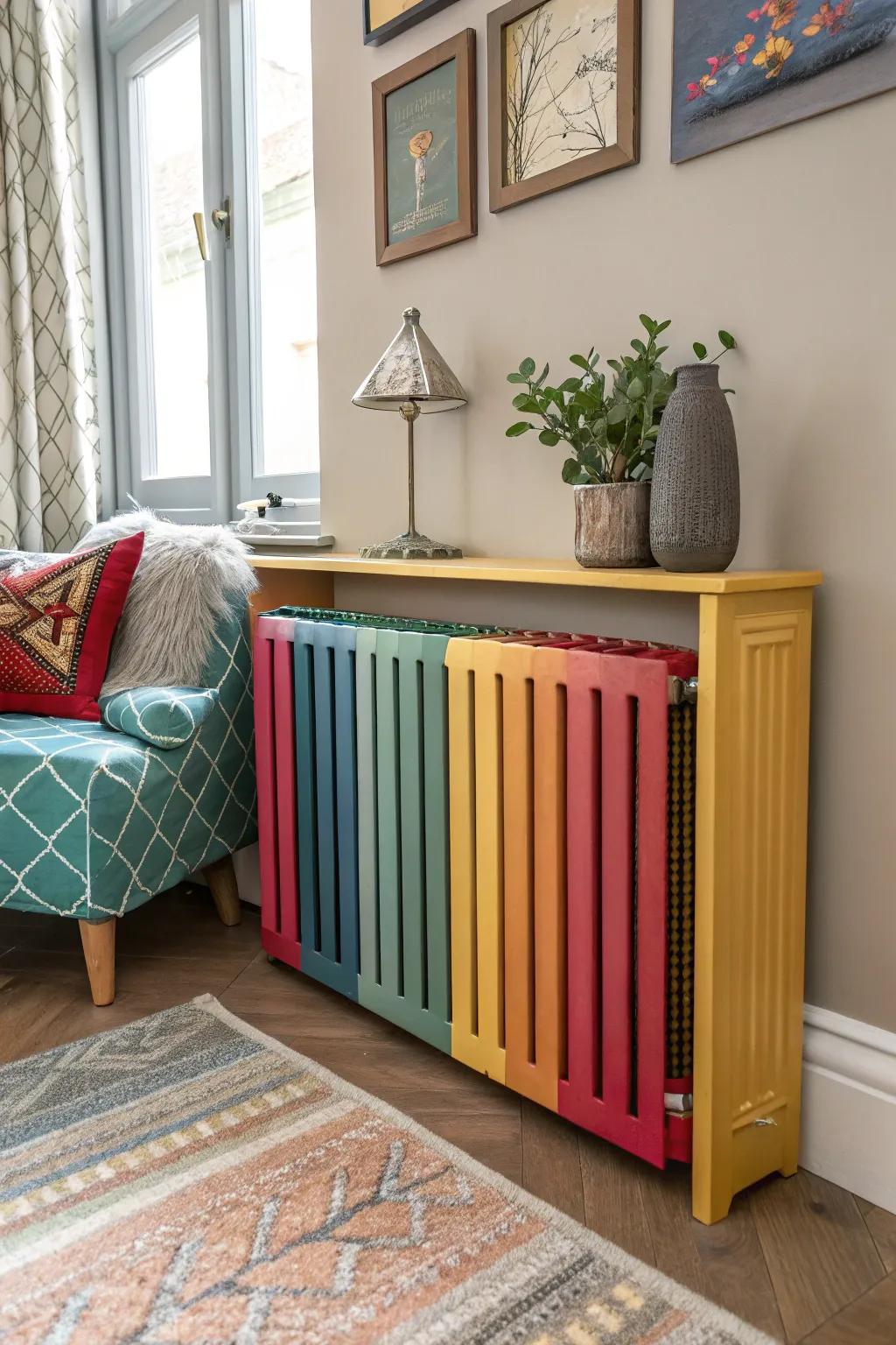 A radiator face with lively colors enhances the room's decor.