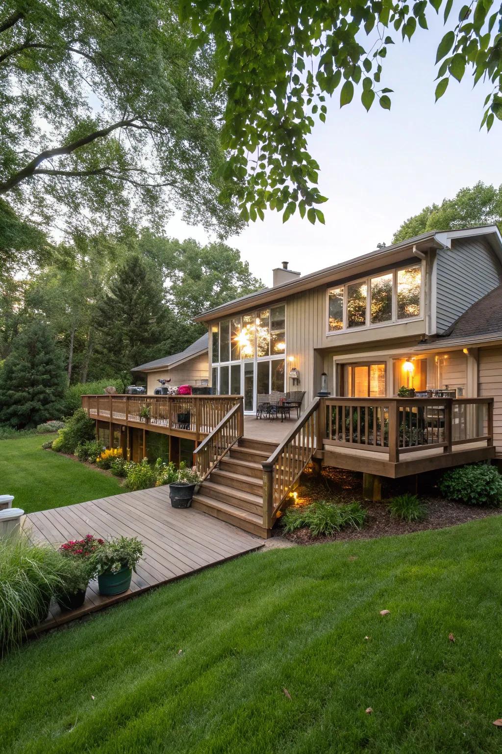 A spacious outdoor area on a raised ranch, suited to outdoor fun.