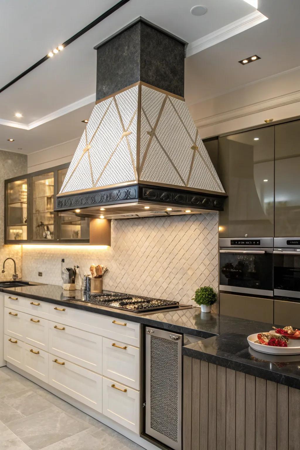 Bespoke geometric form offers a unique range hood appearance.