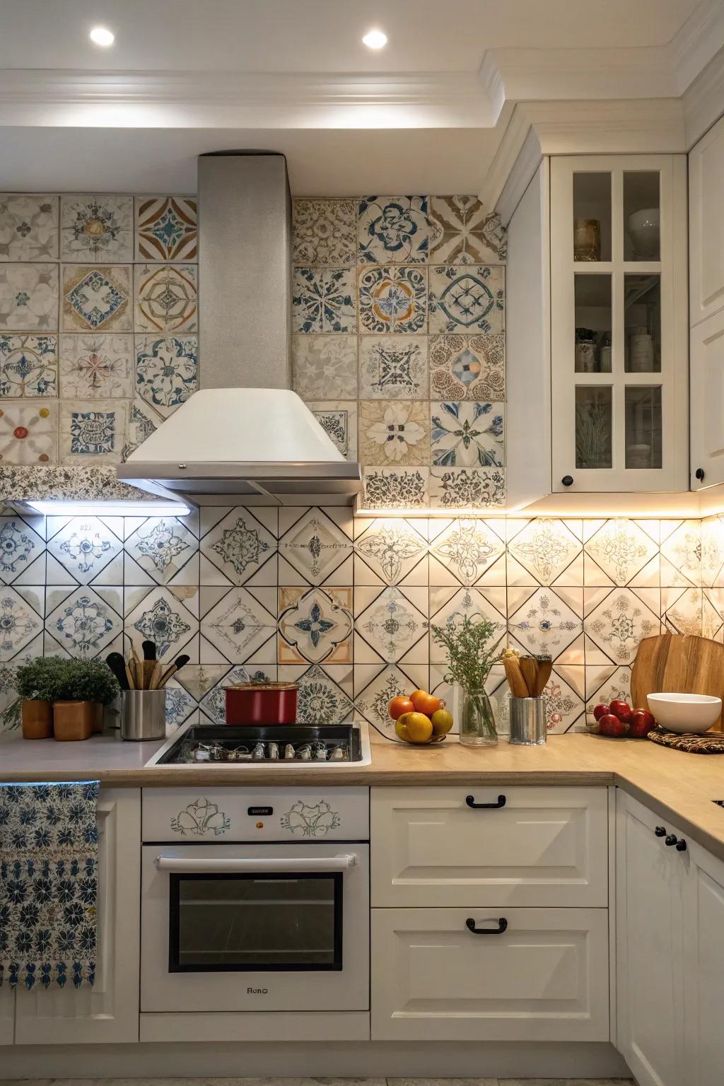 Kitchen showcasing a patterned tile backsplash that adds character to a simple vent hood.