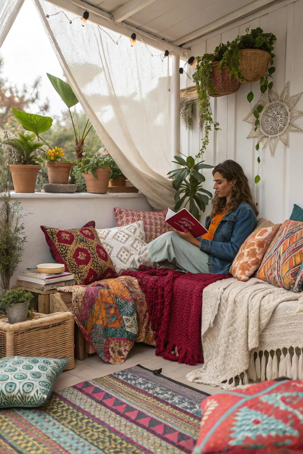A bohemian reading nook packed with color and character.