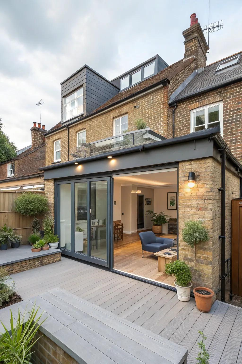 A back house extension featuring a stylish roof patio and a flat roof.