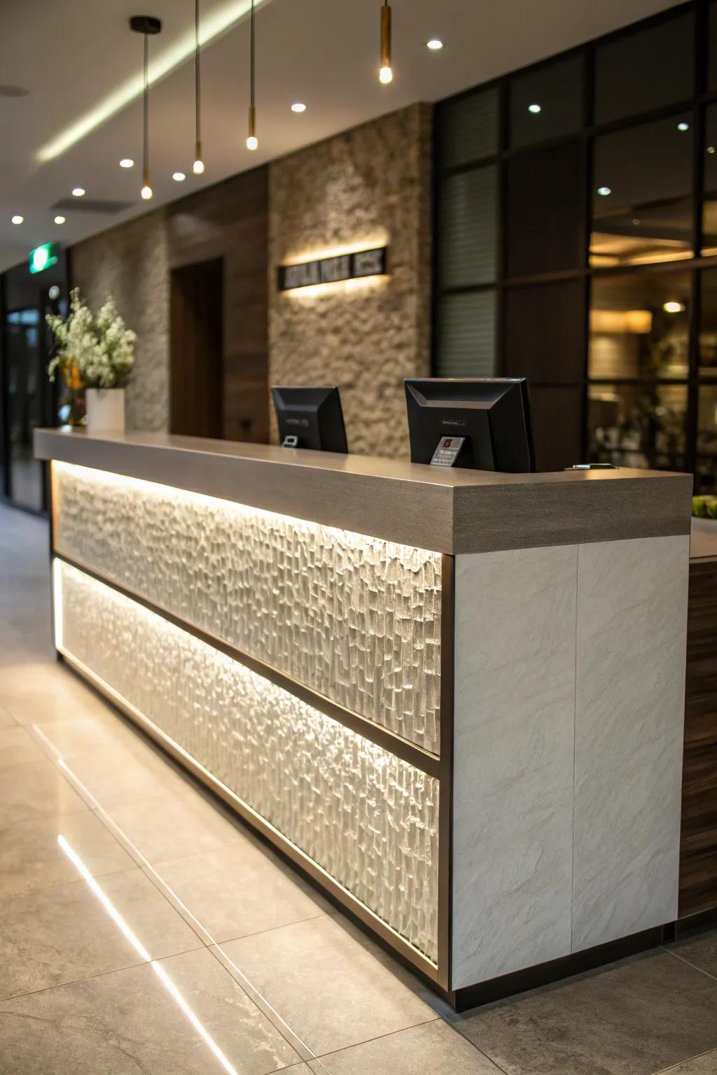 A front desk that uses textures to add depth.