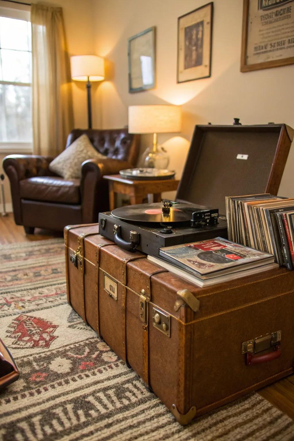 An imaginative record player setup using a vintage suitcase as a stand.