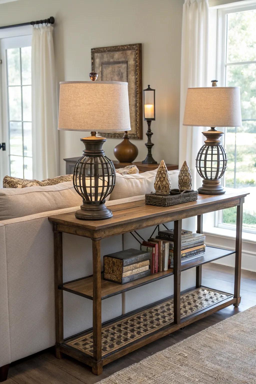 Surfaces add functionality and style behind couches.