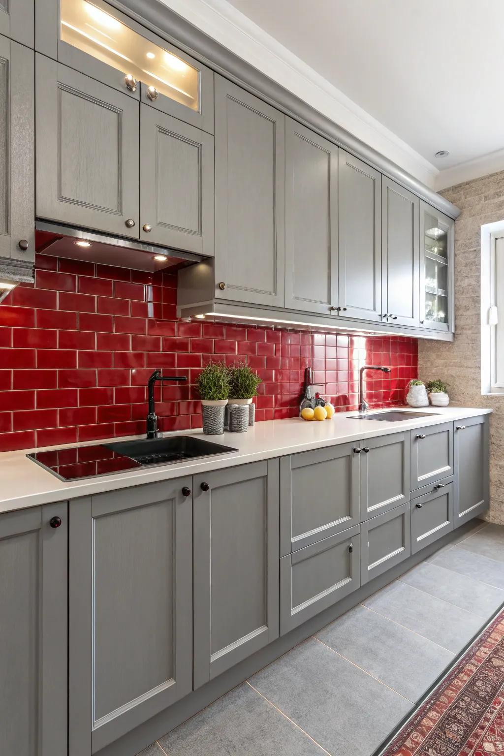 A cooking area showcases grey cabinetry offset by a scarlet backsplash.