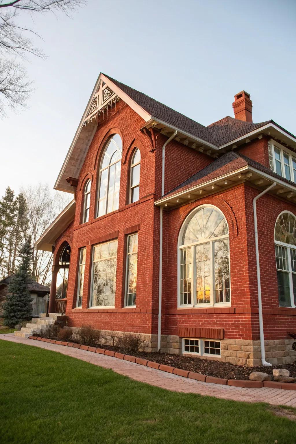 Unique windows infuse character into this red brick house.
