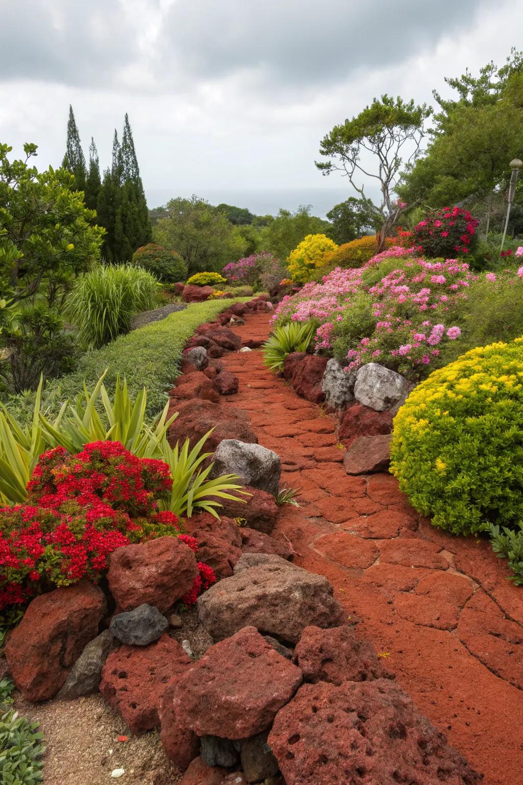 The comparison in shades between crimson volcanic stones and radiant flora is awe-inspiring.