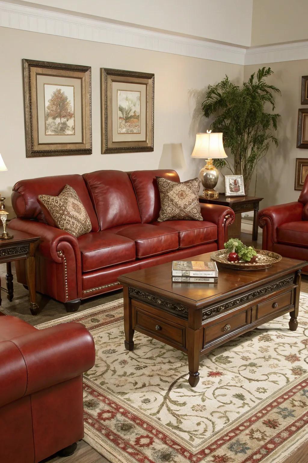 Harmonized ornamentation enhances the harmony and equilibrium of a room featuring a crimson hide sofa.