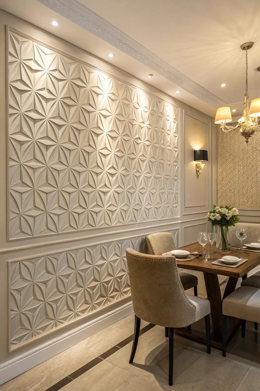 3D relief tiles add dimension and intrigue to this dining room.