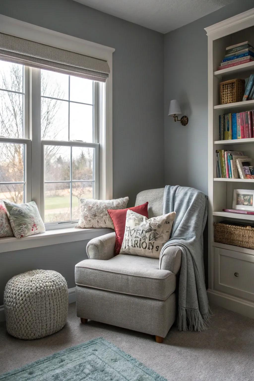 A relaxation corner provides a tranquil retreat in a repose gray bedroom.