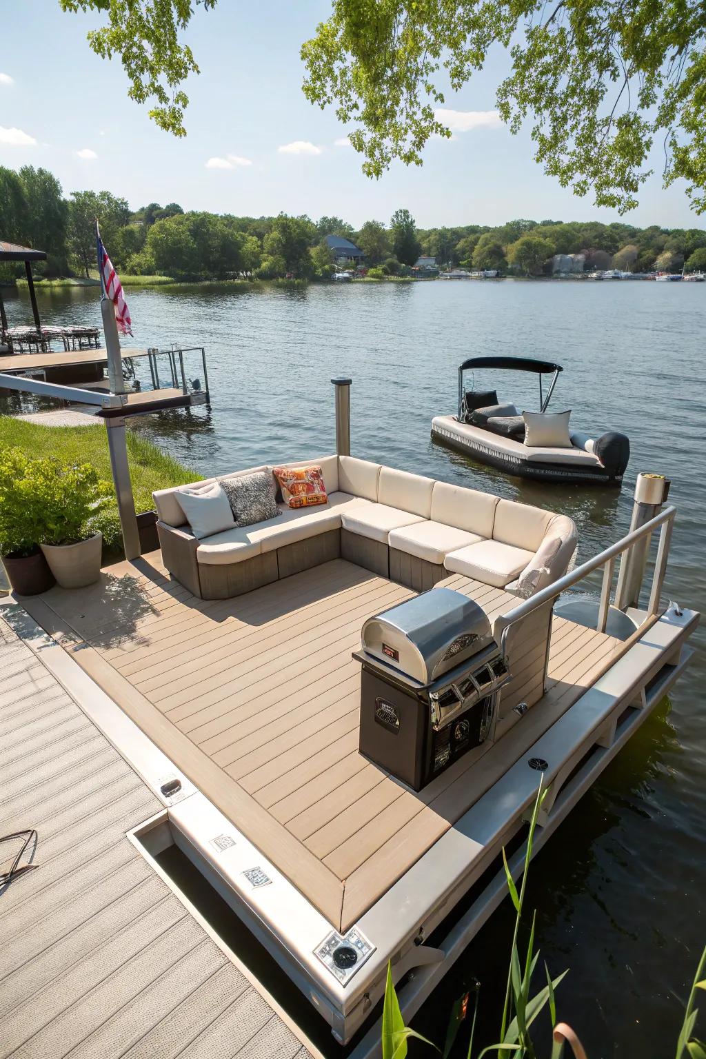 A dock equipped with integrated features perfect for relaxation and entertaining.