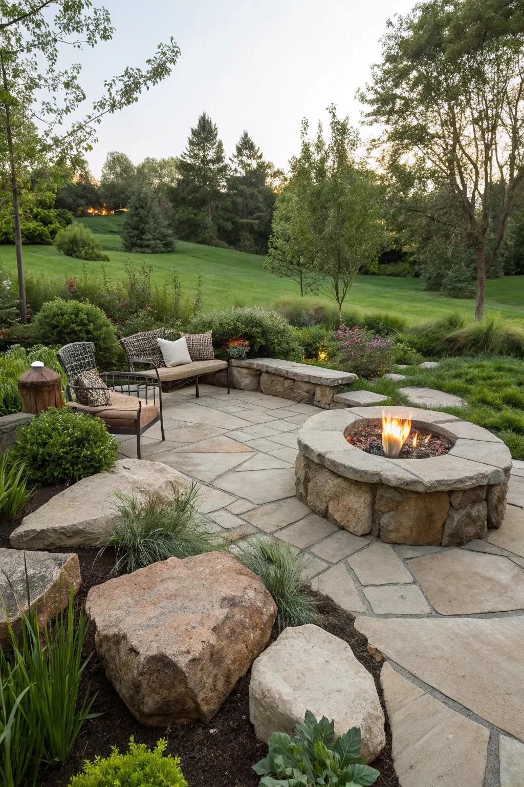 Stone sitting zones furnish rustic charm and relaxation.