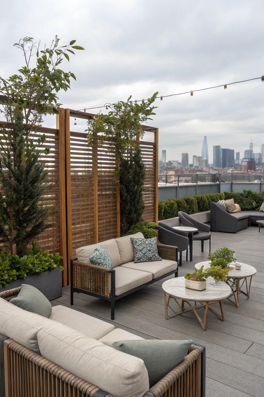Make personal spaces on your rooftop deck with protection screens.