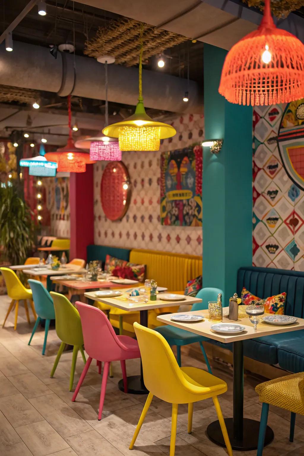 A fun and playful restaurant featuring unexpected color combinations.
