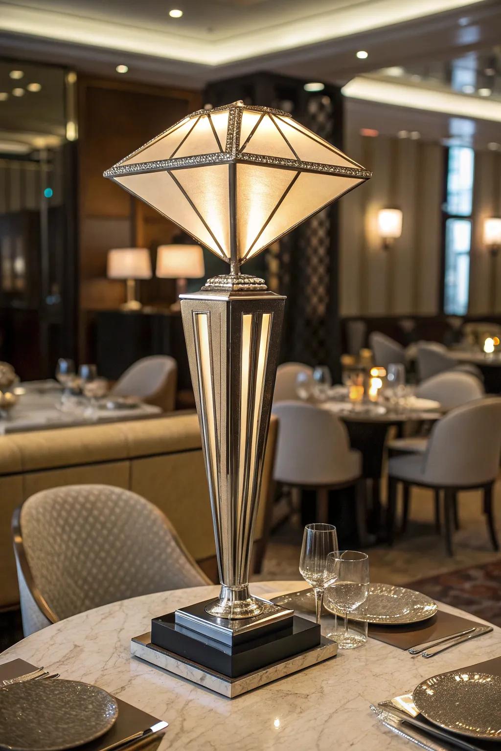 Art Deco table lamp featuring a geometric design positioned on a luxurious restaurant table.