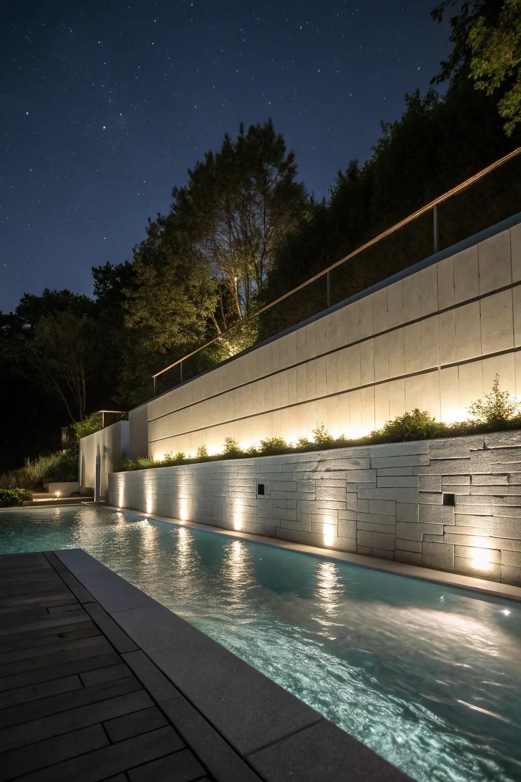 A retaining wall with ambient lighting for a captivating nighttime look.