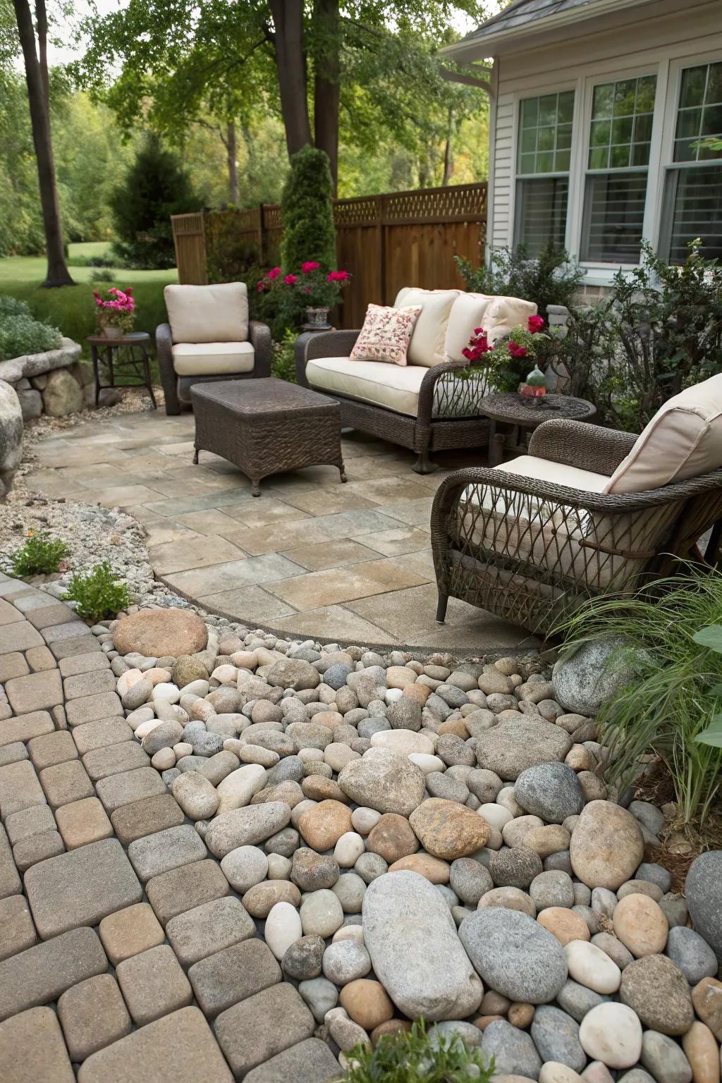 A textured patio fashioned from river stones provides a cozy spot for unwinding.