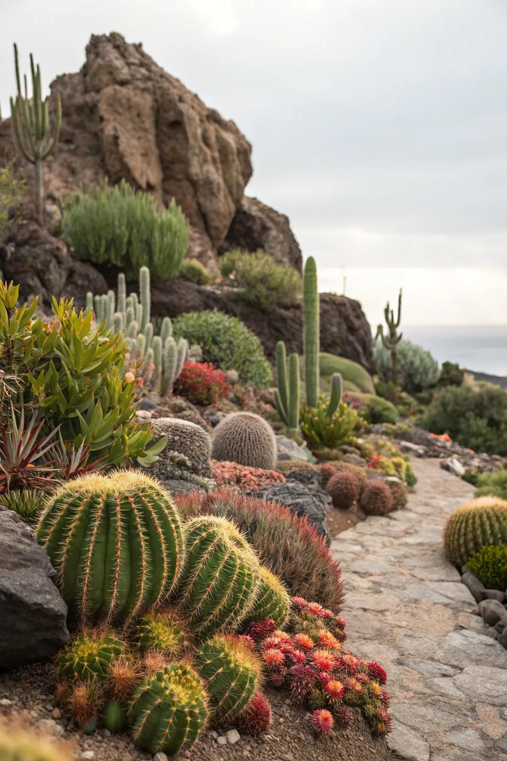 A vibrant succulent and cactus display set against a stone backdrop.