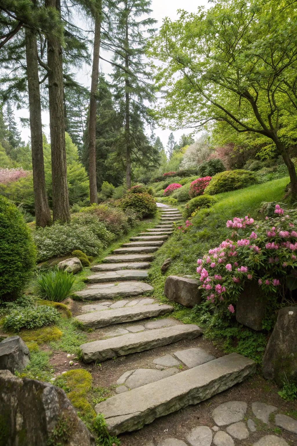 Raised stone ascents infuse dimension and a spirited element to garden routes.