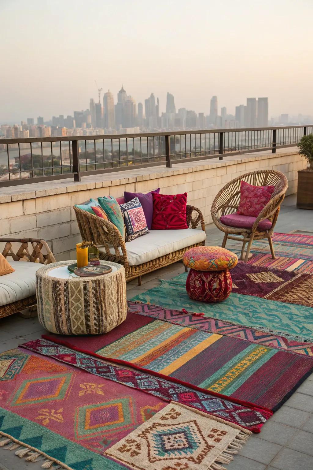 Add comfort and style with decorative carpets and cushions.