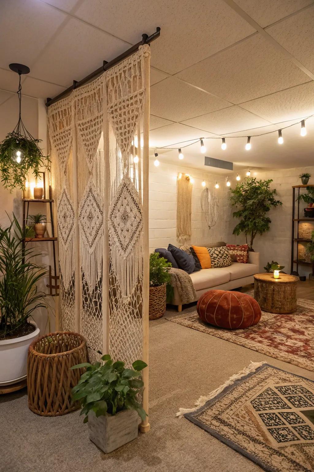 Macram&eacute; dividers bring an artistic and cozy touch to basements.
