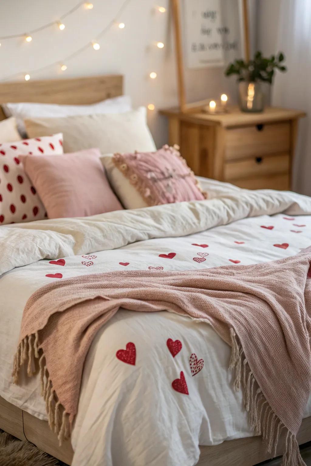 Dream sweetly in a bed fitted with love-themed bedding.