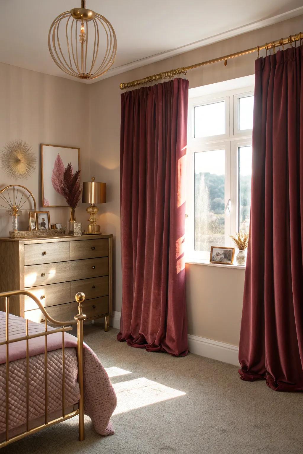 Burgundy window covers stylishly frame the windows and add warmth to the space.