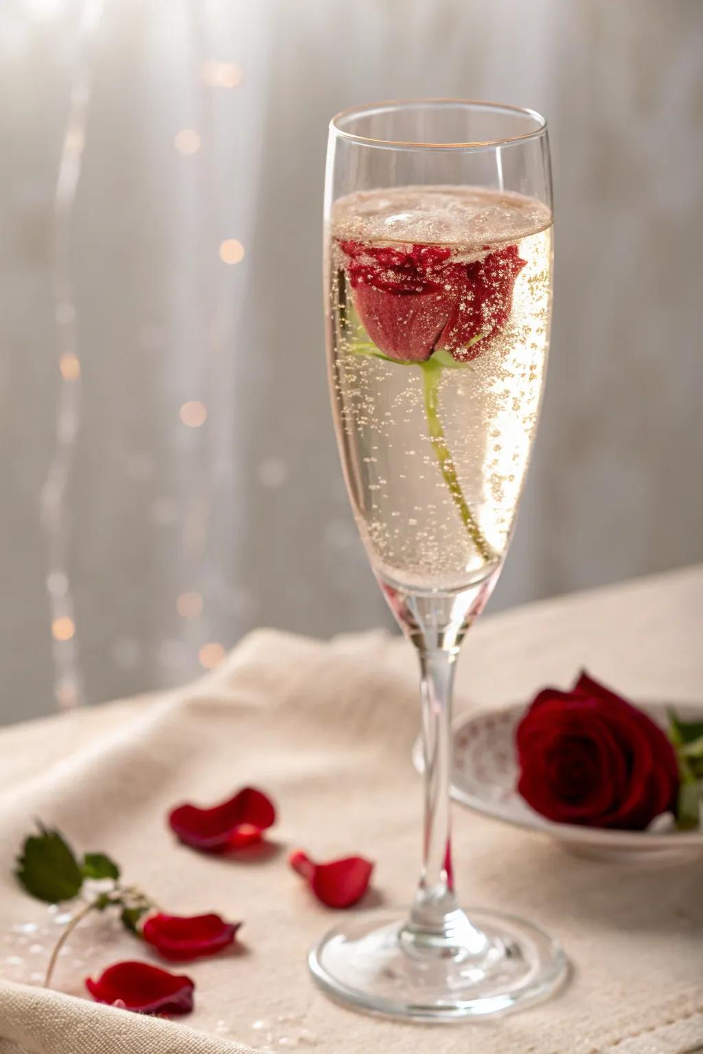 A glass of champagne filled with a rose petal for a romantic toast