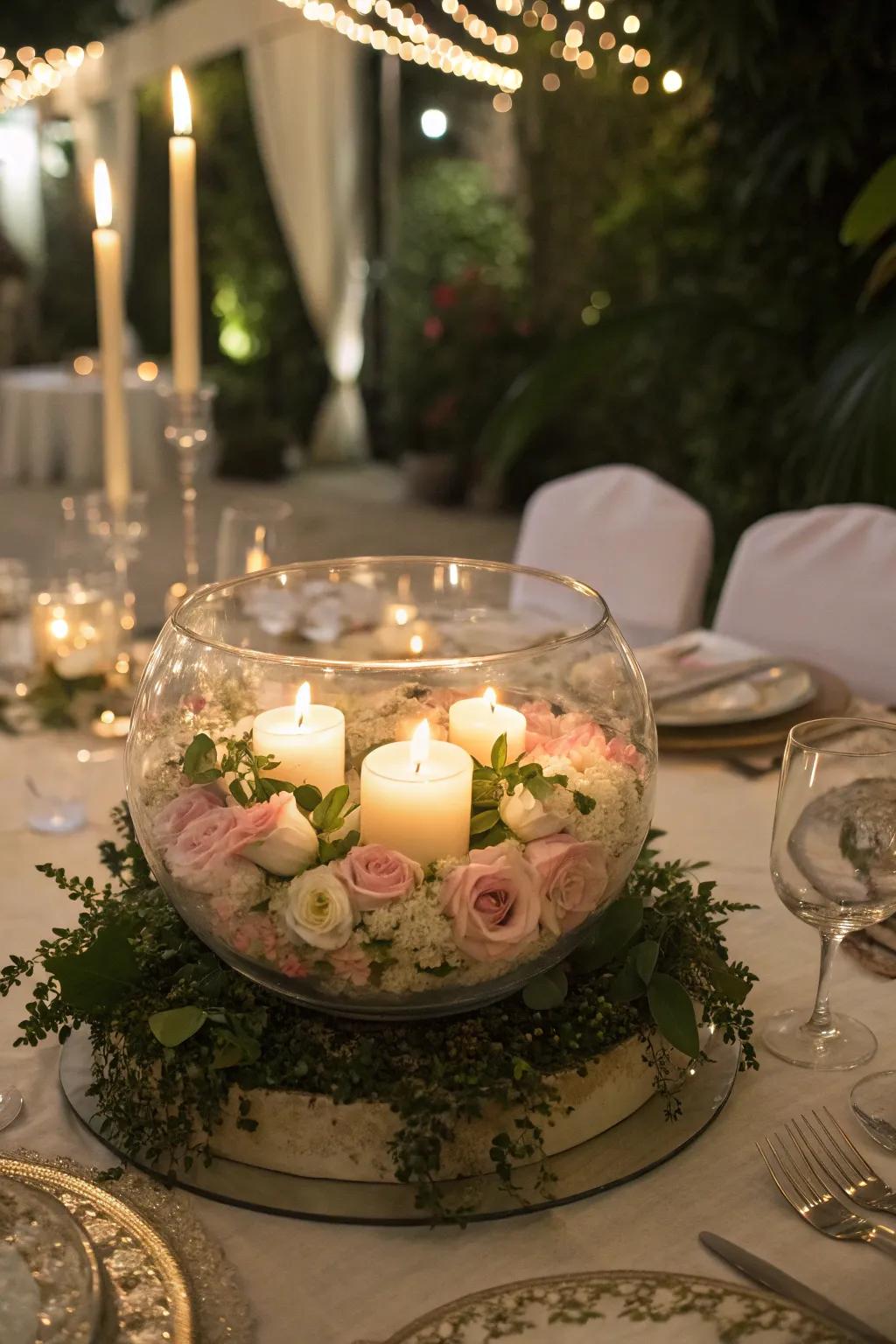 Glass bowls serve as lovely and stylish wedding centerpieces.