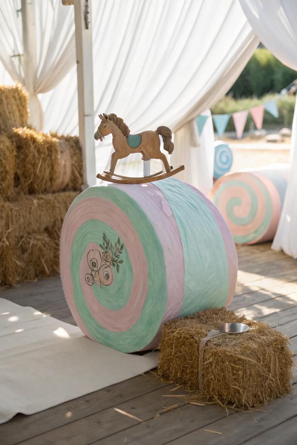 Infuse storybook enchantment into your landscape through a revolving ride composed of inventively painted hay bales.