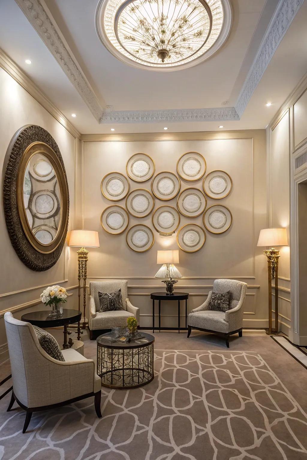 Elegant room featuring symmetrical circular wall decor for a balanced look.