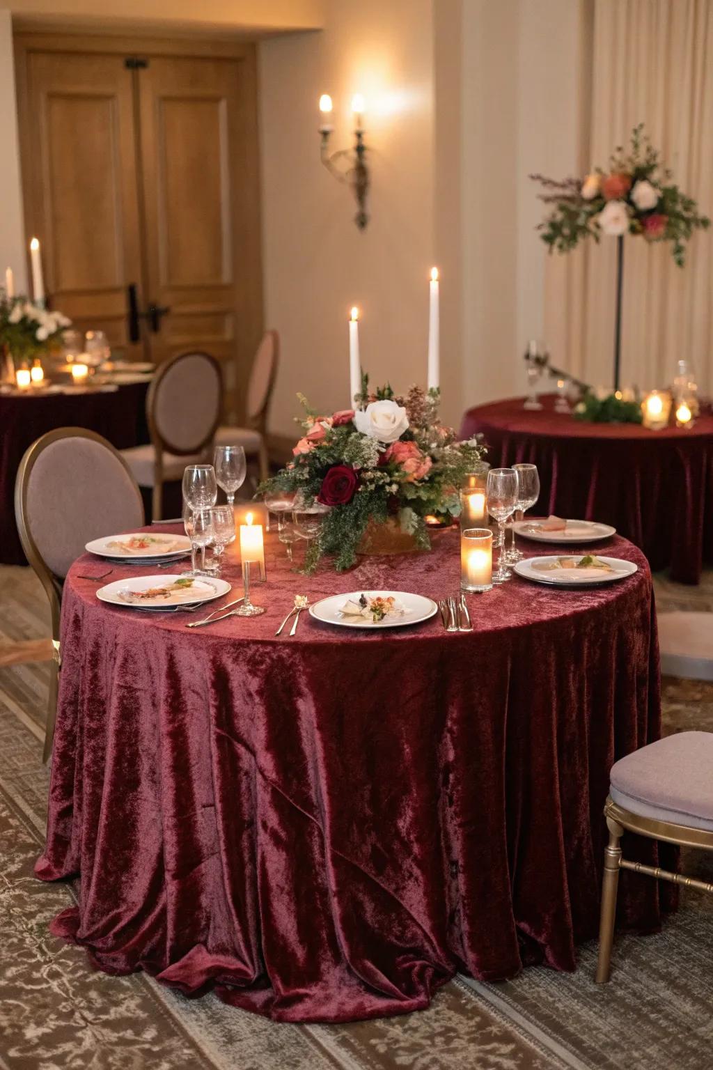 Chic plush tablecloth suited for a winter wedding.