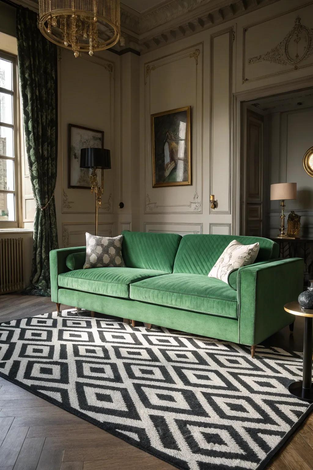 Ebony and ivory floor coverings fashion a bold visual impact.