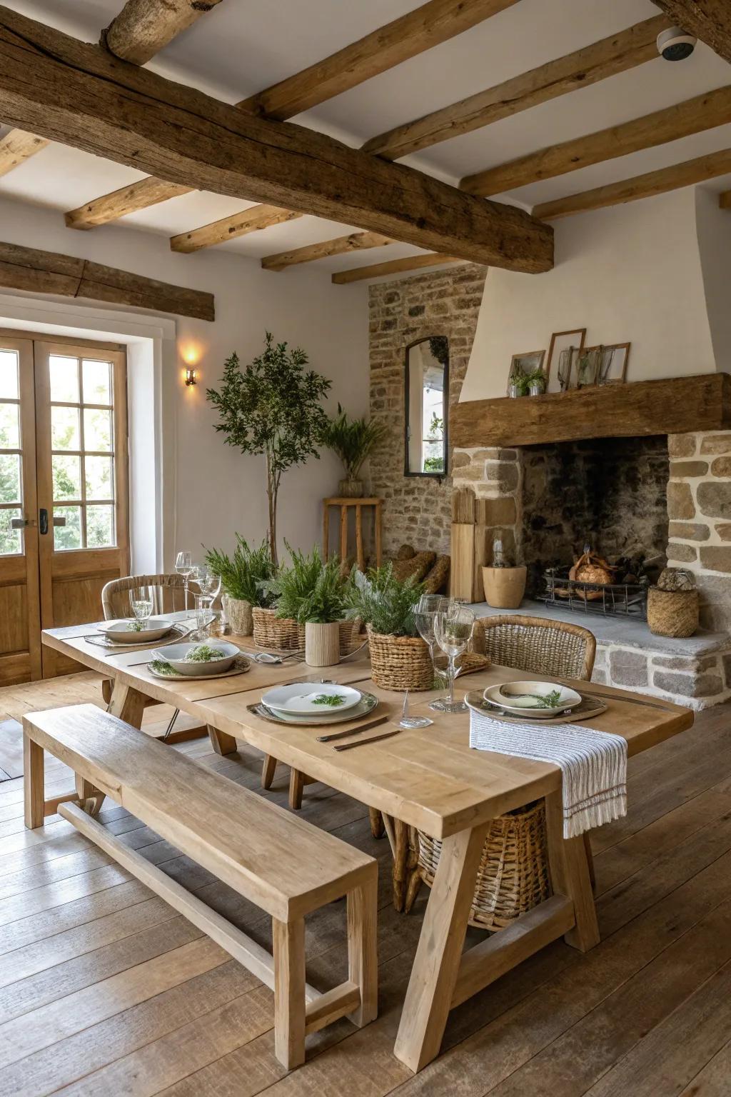 A countryside dining area centered around a farmhouse table.