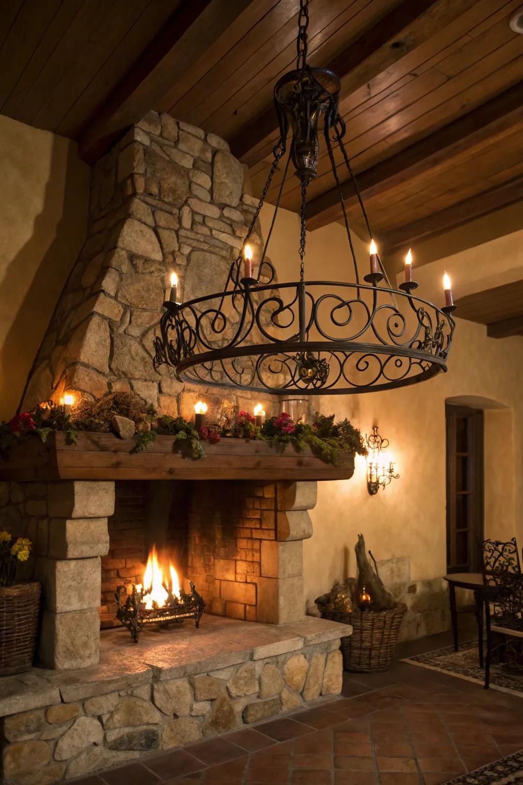 Country-style lighting elevates the warmth and allure of this fireplace arrangement.