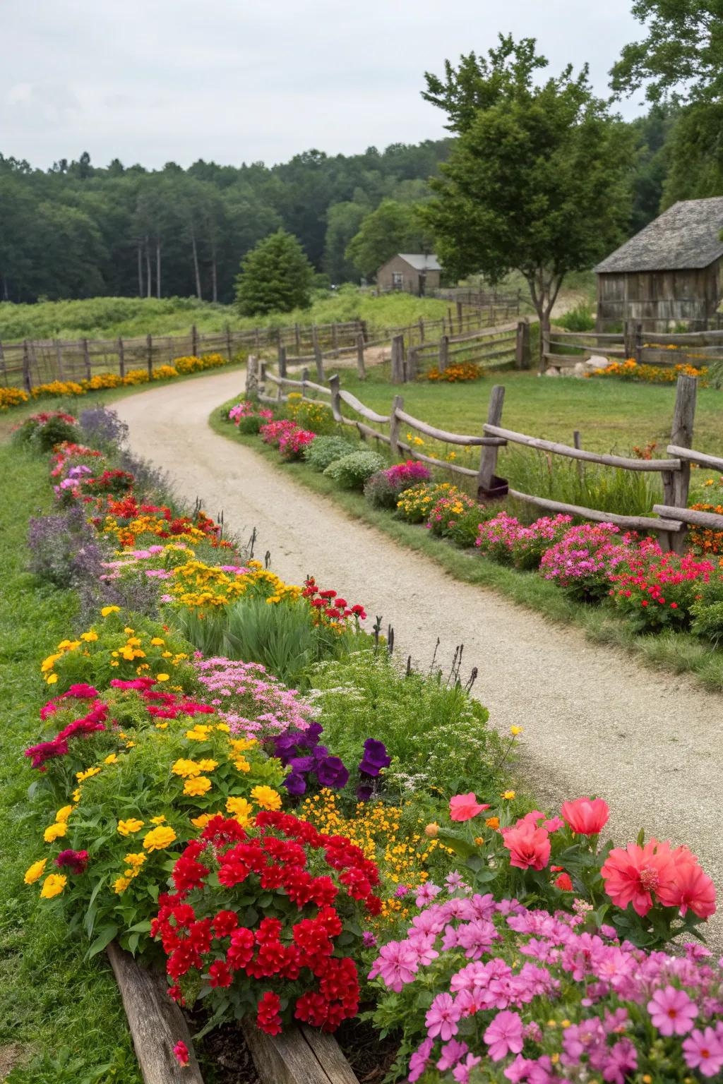 Vibrant garden beds injecting life into a countryside landscape.