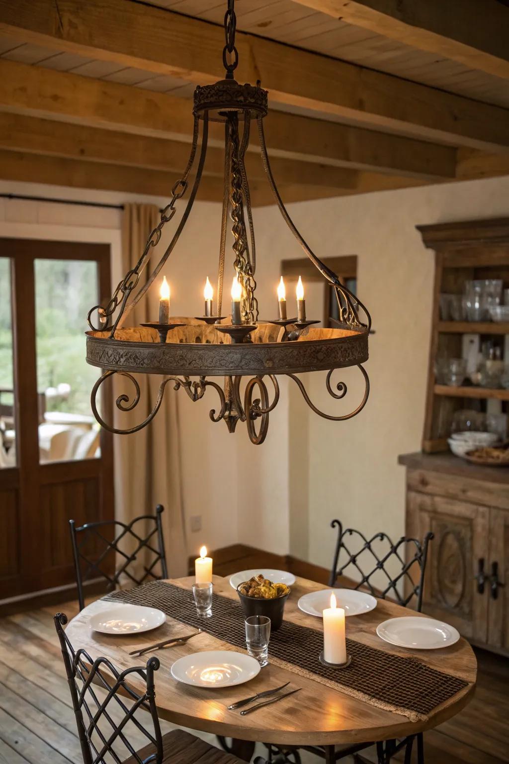 Wrought iron lighting enhances the countryside dining experience.