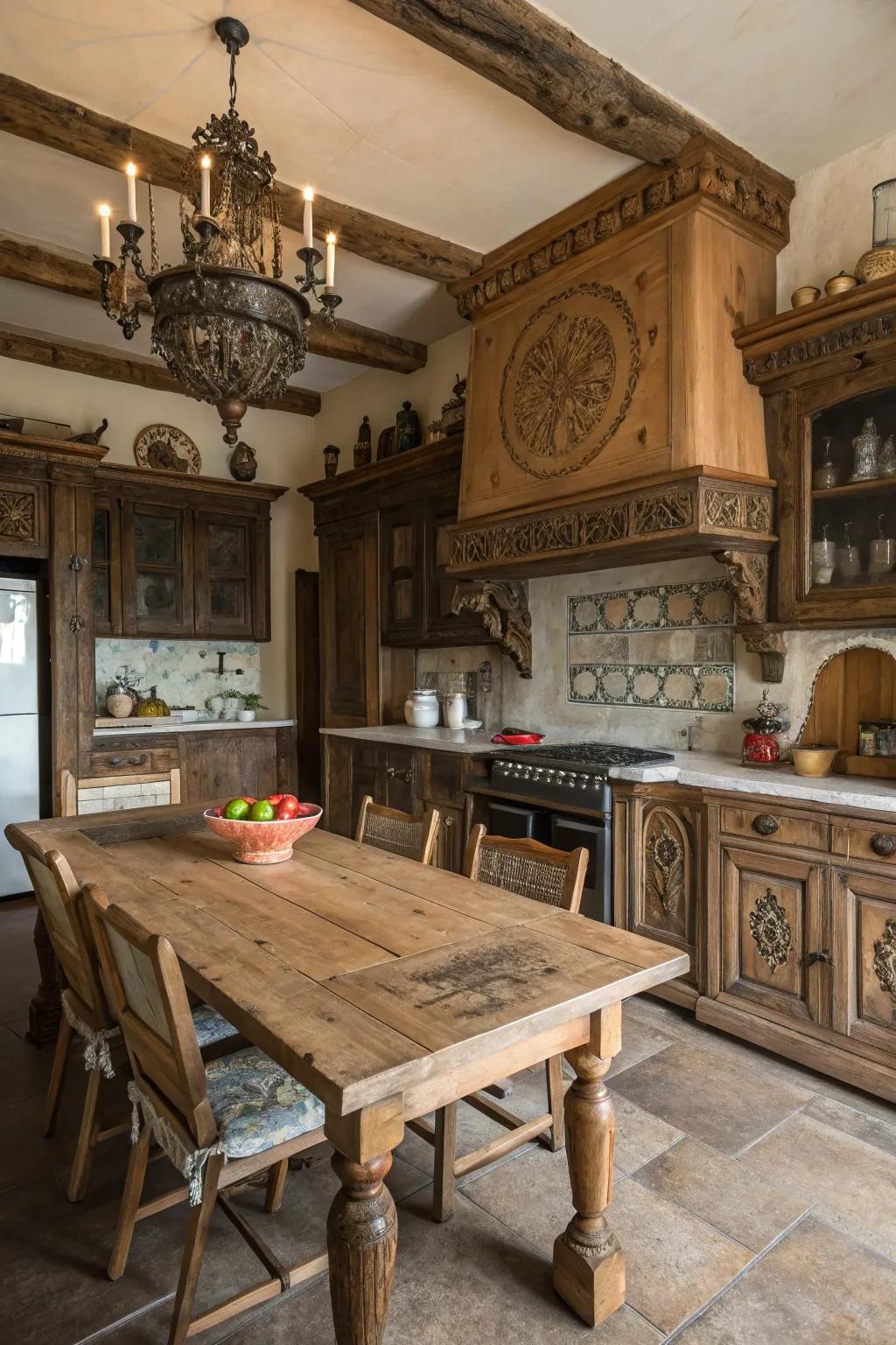 Detailed wood carvings add rich detail to this kitchen.