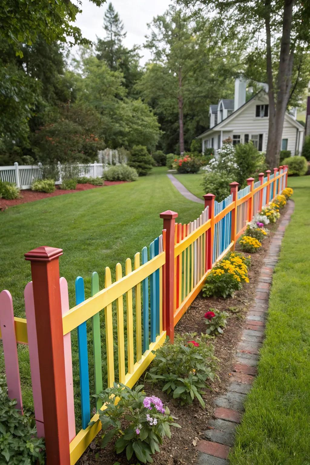 A colorful painted split rail fence, adding a modern twist to a rustic yard.