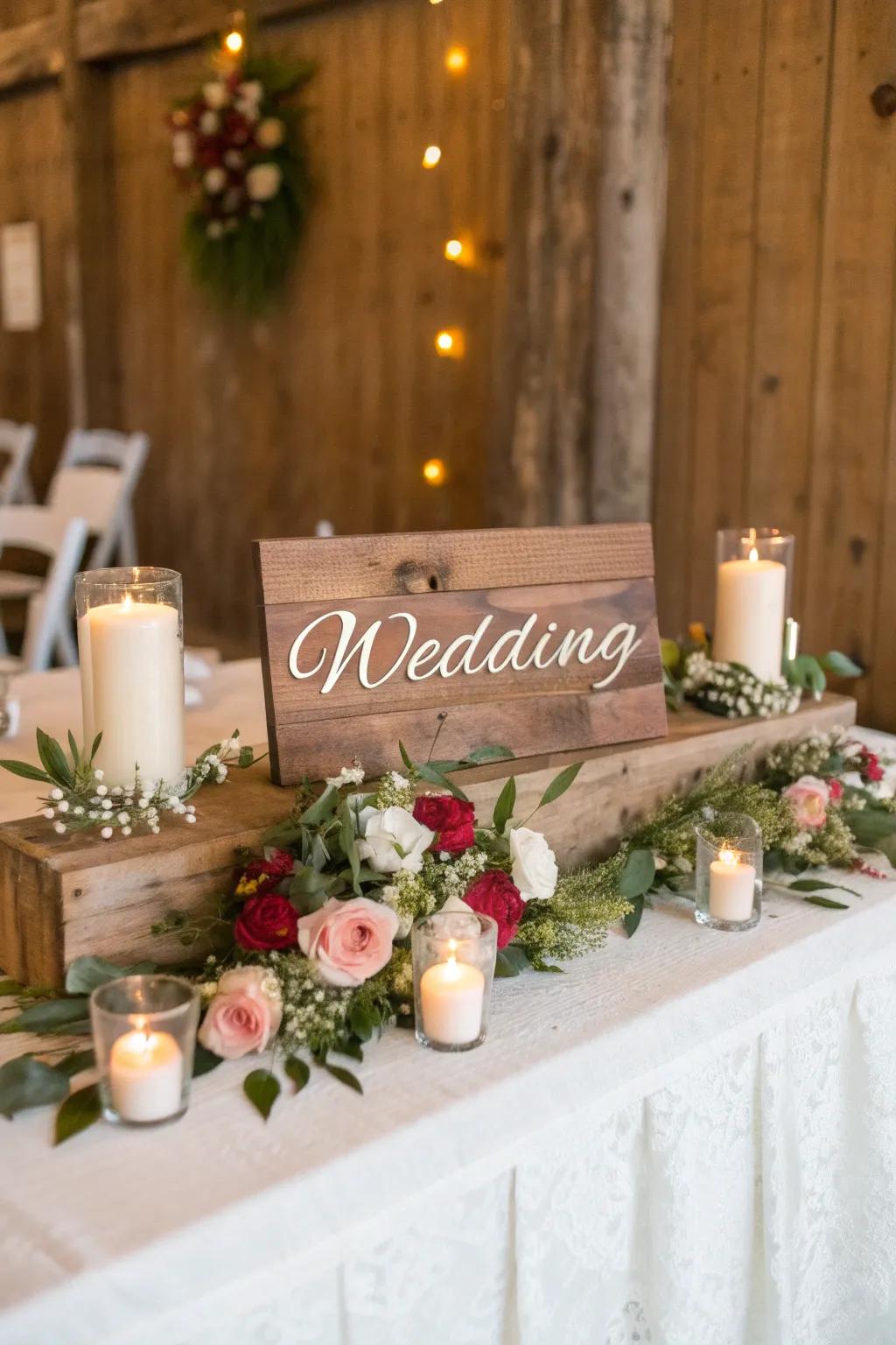 Delightful timber signage contributing a personal signature to the head table.