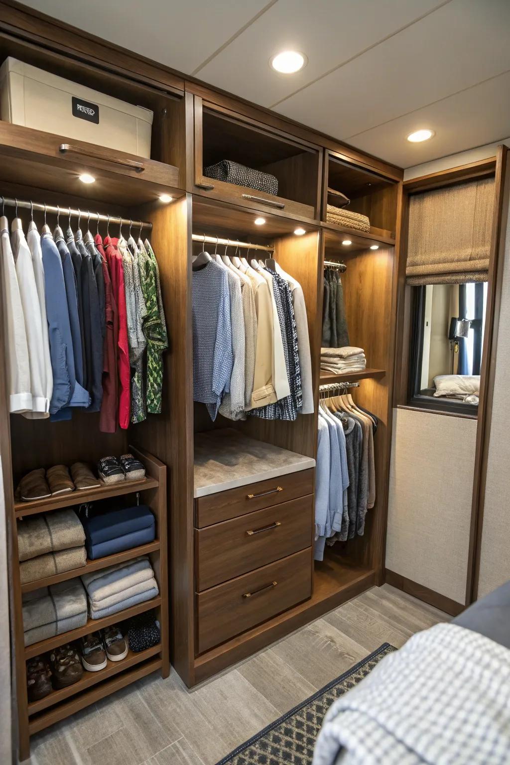Shelf dividers help keep an RV closet neat and tidy.