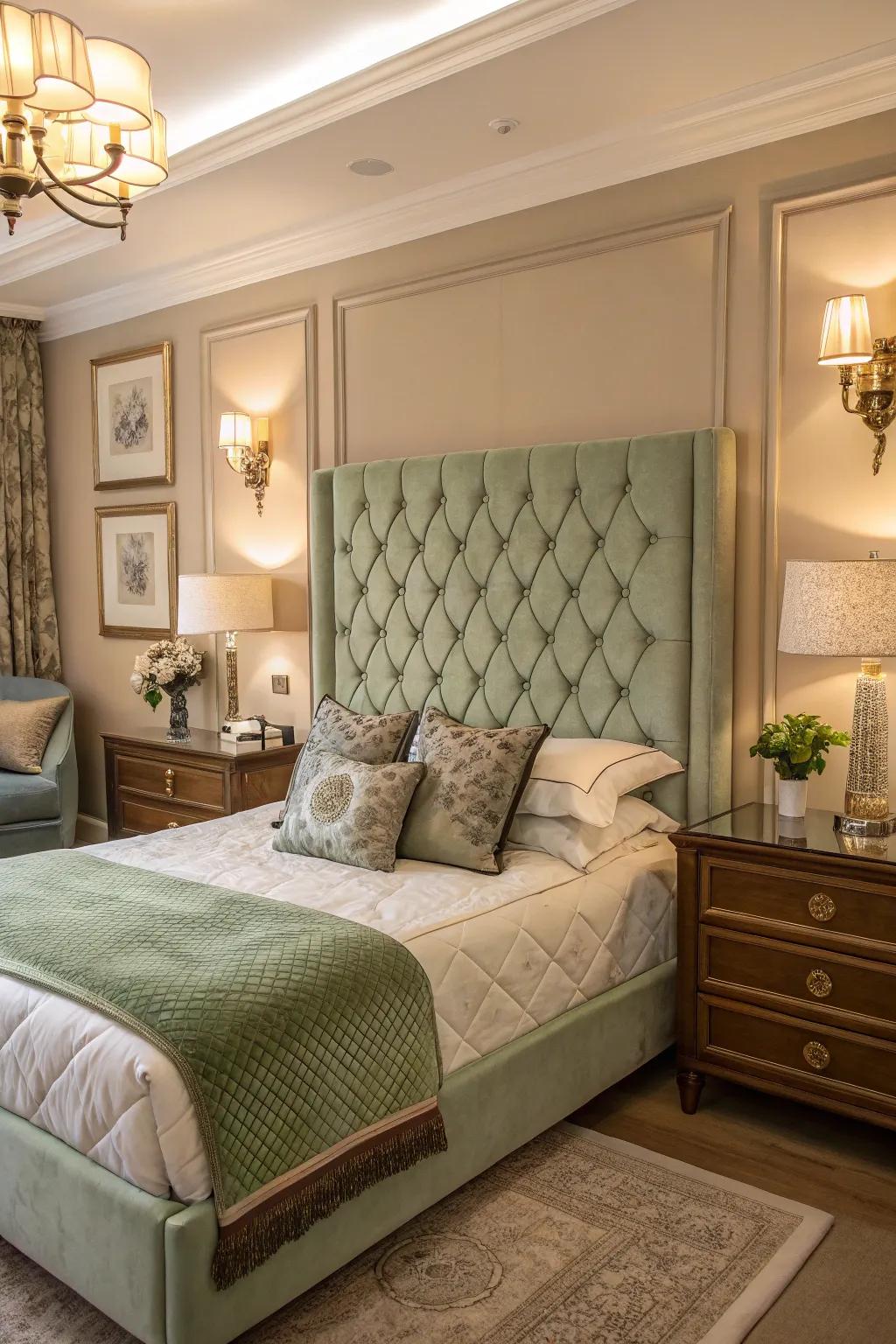 A sage green upholstered headboard introduces elegance and serenity to your bedroom.