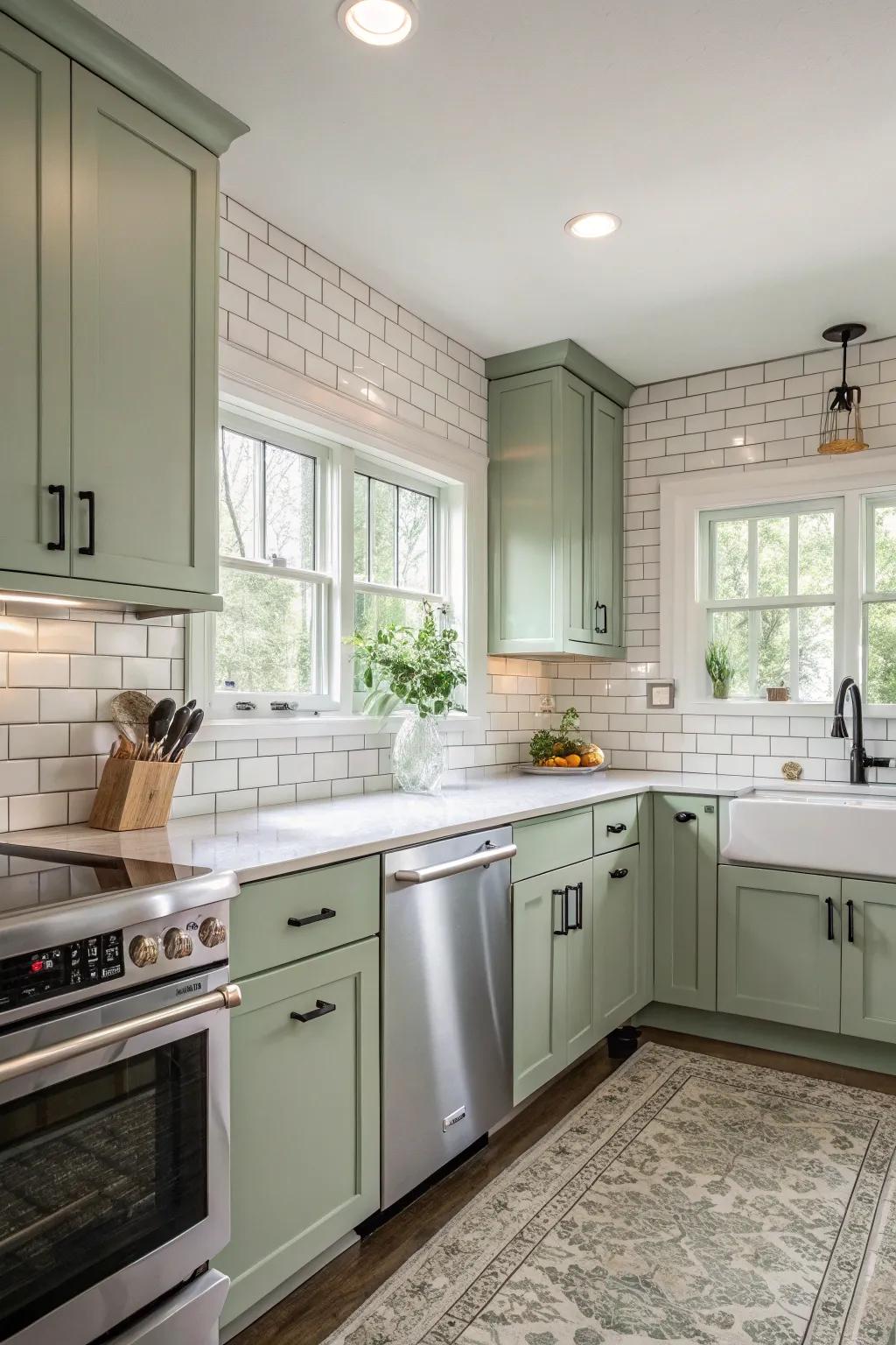 Ivory brick-style tile adds faint texture and comparison.