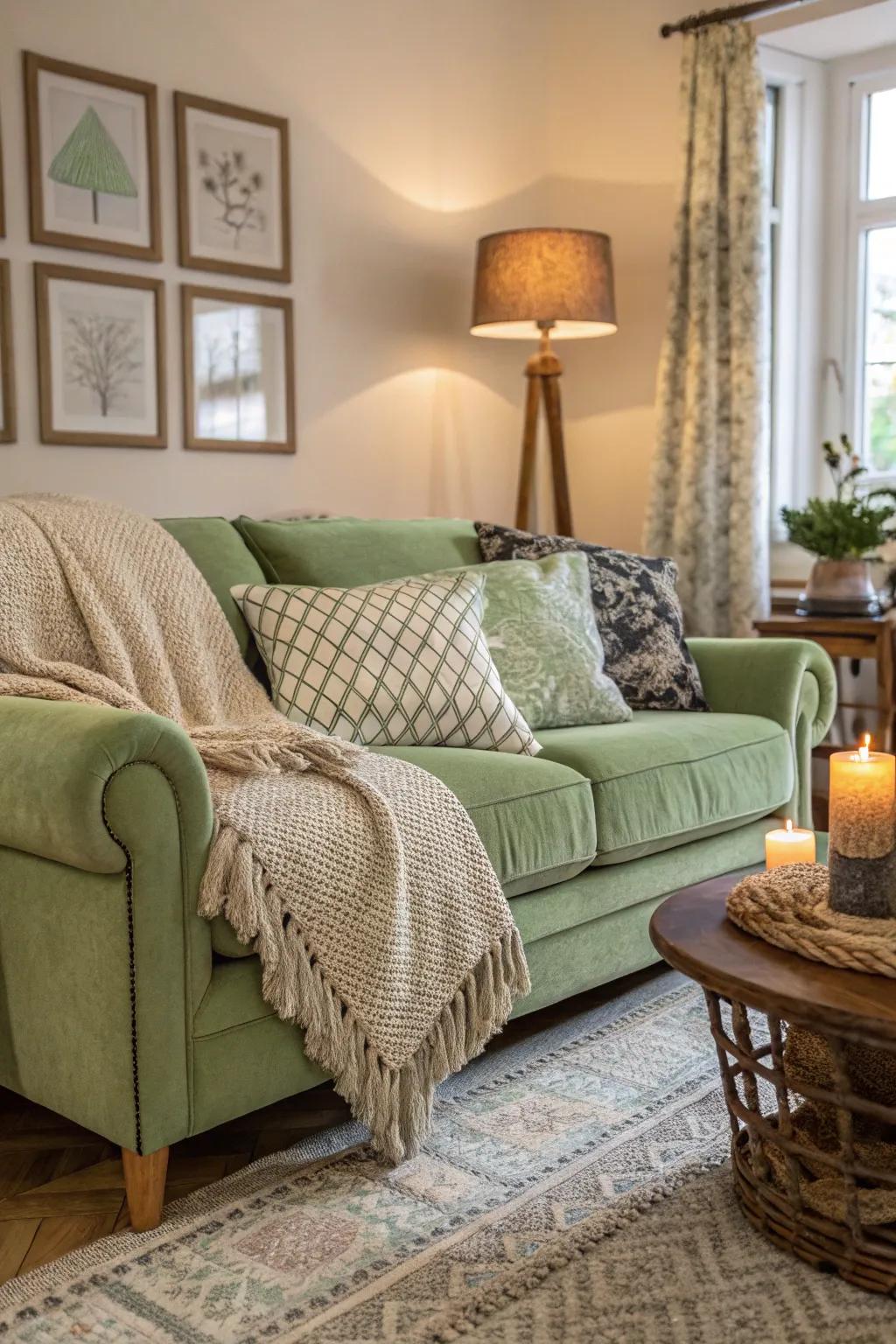 Textured throws provide warmth and depth to a sage green sofa.