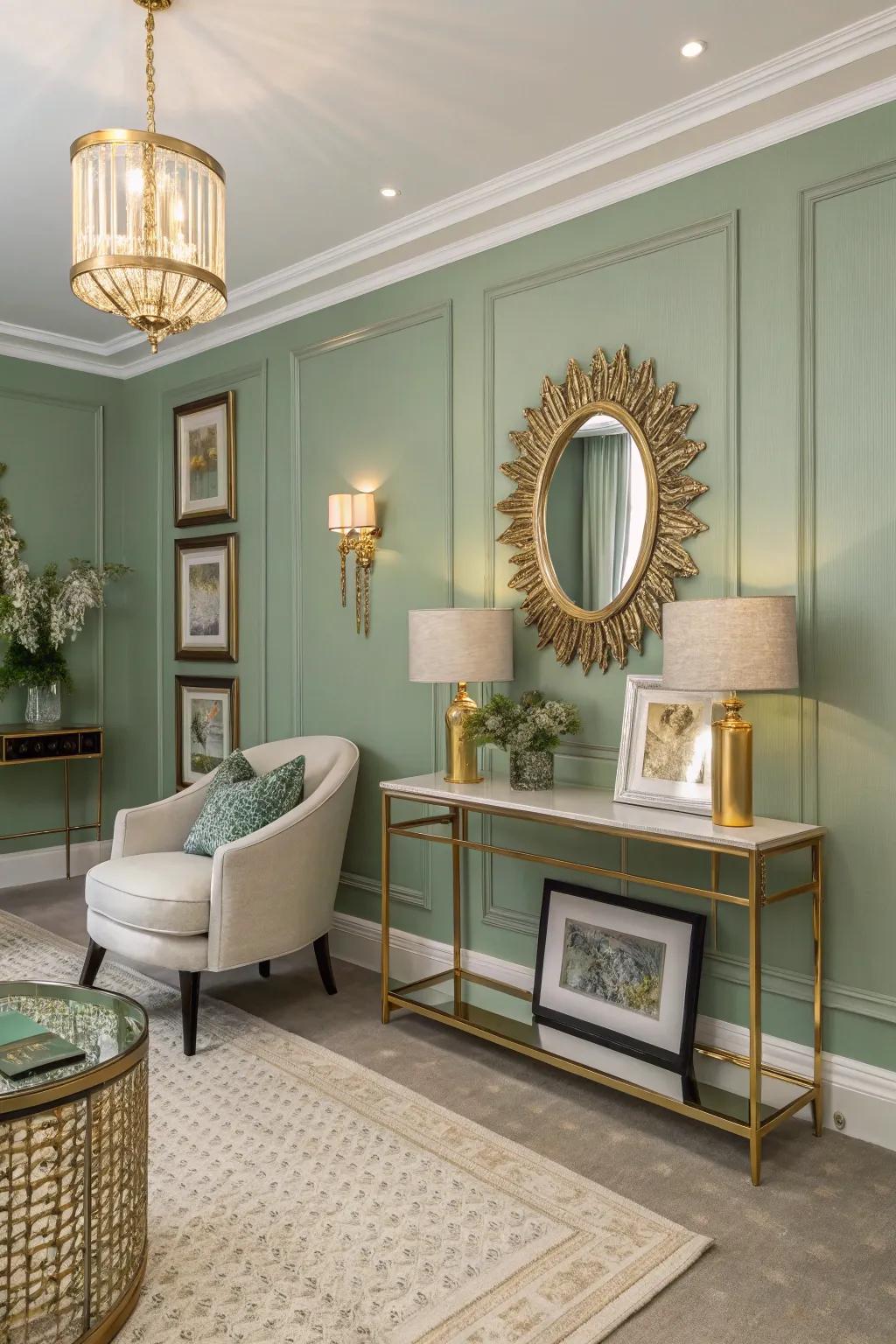 A sophisticated room combining sage green with gold features.