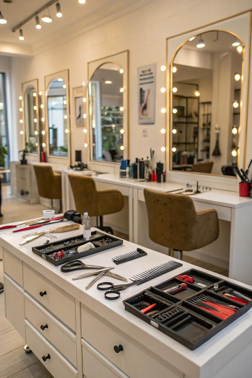 Functional workspaces enhance stylist efficiency.