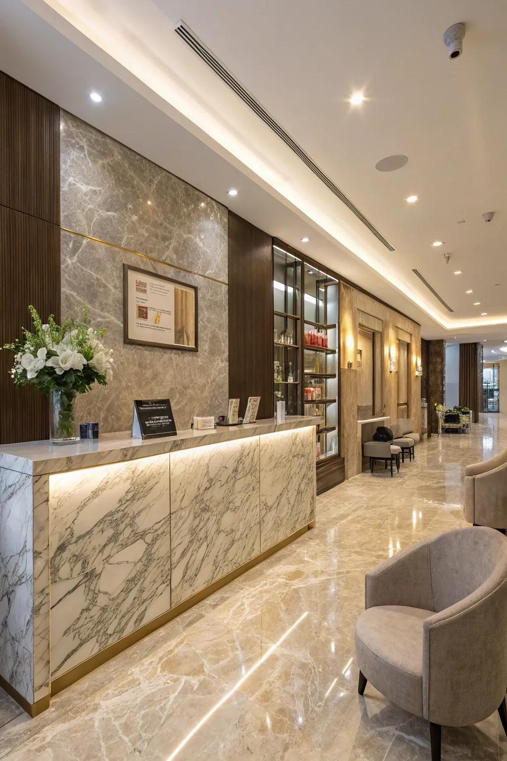 A salon reception area featuring high-end materials, adding sophistication and class.